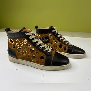 Christian Louboutin Black Leather & Brown Suede Mika On Stage High Top Sneakers